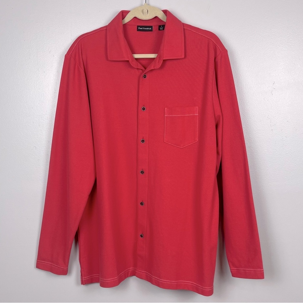Paul Fredrick Men's Burgundy Cotton Blend Button Front Polo Size L